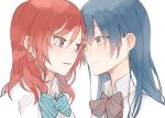  2girls bangs blue_hair blush bow bowtie closed_mouth collared_shirt eye_contact eyebrows_visible_through_hair hair_between_eyes kuma_(bloodycolor) long_hair looking_at_another love_live! love_live!_school_idol_project multiple_girls nishikino_maki parted_lips purple_eyes red_hair shirt simple_background smile sonoda_umi white_background white_shirt yellow_eyes yuri 