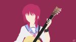  1girl angel_beats! artist_name bangs fingers girls_dead_monster guitar highres holding holding_instrument instrument iwasawa key_(company) lucifer012 minimalism music no_eyes playing_instrument purple_background red_hair ribbon school_uniform shinda_sekai_sensen_uniform shirt short_hair signature simple_background skirt sleeves_rolled_up solo uniform upper_body wallpaper watermark white_shirt wrist_straps 