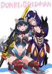  2girls alternate_costume animal_ears anti_(ssss.gridman) anti_(ssss.gridman)_(cosplay) black_hair blue_eyes breasts commentary_request cosplay cunepero don_quijote gridman_(ssss) gridman_(ssss)_(cosplay) highres kneeling lavender_hair long_hair looking_at_another looking_at_viewer medium_breasts multiple_girls open_mouth red_eyes red_legwear shinjou_akane shiny shiny_hair shiny_skin short_hair simple_background smile ssss.gridman straight_hair sword takarada_rikka thighhighs thighs weapon white_background 