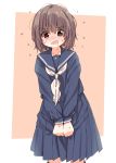  1girl bangs beige_background blush bob_cut brown_eyes brown_hair commentary cowboy_shot embarrassed flustered full-face_blush hair_strand hands_on_lap highres matsuda_hikari messy_hair navy_blue_serafuku navy_blue_shirt navy_blue_skirt neckerchief open_mouth original school_uniform serafuku short_hair skirt skirt_tug solo sweat sweatdrop white_neckwear 