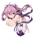  1girl ahoge animal_ears barefoot bibi breasts clenched_hands commentary_request fake_animal_ears foreshortening hair_between_eyes highres long_hair looking_at_viewer medium_breasts midriff open_mouth phantasy_star phantasy_star_online_2 pointy_ears purple_hair purple_scarf red_eyes scarf simple_background solo twintails white_background 