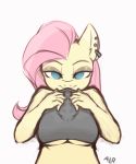  2019 angrylittlerodent animated areola big_breasts bouncing_breasts breasts clothing ear_piercing equid equine female fluttershy_(mlp) friendship_is_magic hair long_hair mammal my_little_pony nipples piercing presenting presenting_breasts simple_background solo 