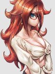  1girl android_21 black-framed_eyewear blue_eyes bra breasts brown_hair cleavage closed_mouth collarbone commentary_request curly_hair dragon_ball dragon_ball_fighterz earrings glasses grey_background hair_over_one_eye hoop_earrings jewelry long_hair long_sleeves looking_at_viewer medium_breasts pants shirt solo st62svnexilf2p9 tied_shirt underwear very_long_hair white_shirt 