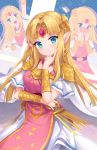  1girl blonde_hair blue_eyes blush bracer circlet dress earrings forehead_jewel gown jewelry long_hair looking_at_viewer moorina nintendo open_mouth pink_dress pointy_ears pose princess_zelda smile solo super_smash_bros. the_legend_of_zelda the_legend_of_zelda:_a_link_between_worlds the_legend_of_zelda:_a_link_to_the_past tiara triforce tunic white_dress 