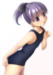  1girl :o bangs bare_arms bare_shoulders blue_swimsuit blush collarbone commentary_request eyebrows_visible_through_hair fingernails gradient gradient_background grey_background hair_between_eyes high_ponytail highres leaning_forward old_school_swimsuit one-piece_swimsuit open_mouth original ponytail purple_eyes purple_hair school_swimsuit shibacha solo swimsuit white_background 