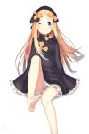  1girl abigail_williams_(fate/grand_order) absurdres artist_request bangs barefoot black_bow black_dress black_headwear blonde_hair blue_eyes blush bow closed_mouth dress fate/grand_order fate_(series) feet forehead hair_bow highres legs long_hair long_sleeves looking_at_viewer orange_bow parted_bangs polka_dot polka_dot_bow simple_background sitting sleeves_past_fingers sleeves_past_wrists smile soles solo thighs white_background white_bloomers 