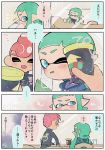  1boy 1girl :d ^_^ aqua_hair blue_eyes blush cellphone chair closed_eyes closed_mouth comic cup domino_mask drawstring drinking_straw eyes_closed fang frown holding holding_cup holding_phone hood hood_down inkling kirikuchi_riku long_hair long_sleeves mask mohawk octarian octoling one_eye_closed open_mouth phone pink_eyes pink_hair pointy_ears short_hair smartphone smile speech_bubble splatoon splatoon_(series) splatoon_2 suction_cups tentacle_hair thought_bubble translation_request 