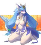 4_fingers anthro big_breasts blue_hair blush breasts dragon featureless_breasts female hair kemono long_hair looking_at_viewer nude purple_eyes scalie shian smile solo 