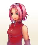  1girl :d detached_sleeves green_eyes grey_sleeves hair_intakes haruno_sakura headband jacket naruto_(series) naruto_shippuuden open_mouth pink_hair red_jacket short_hair simple_background sleeveless_jacket smile solo tokinohiyoko upper_body white_background zipper 