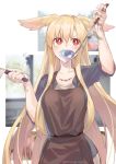  1girl apron bandaid blonde_hair bright_pupils cooking fate/grand_order fate_(series) head_wings highres injury jewelry kitchen_knife ladle long_hair mithurugi-sugar necklace red_eyes tasting thrud_(fate/grand_order) twitter_username valkyrie_(fate/grand_order) white_pupils 