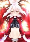  1boy 1girl archer archer_(cosplay) back-to-back black_panties cape cosplay crop_top eyebrows_visible_through_hair fate/kaleid_liner_prisma_illya fate_(series) flat_chest floating_hair frown gears groin hair_between_eyes highres illyasviel_von_einzbern long_hair looking_at_viewer midriff navel panties red_cape silver_hair stomach tapioka_(oekakitapioka) thigh_gap underwear waist_cape yellow_eyes 