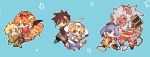  3boys 3girls animal_ears blonde_hair blue_eyes blue_hair brown_hair chibi closed_mouth commentary_request creature dress earrings elena_(grandia) facial_mark gloves grandia grandia_ii green_eyes hamagurihime highres jewelry long_hair mareg_(grandia) millenia_(grandia) multiple_boys multiple_girls roan_(grandia) ryudo_(grandia) short_hair simple_background smile spiked_hair sword tio_(grandia) weapon 