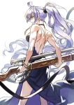  1girl ahoge ass back backless_dress backless_outfit belt breasts cleavage dress formal granblue_fantasy gun hair_between_eyes highres large_breasts long_hair looking_at_viewer mansu ponytail silva_(granblue_fantasy) silver_hair solo very_long_hair weapon white_background yellow_eyes 