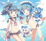  2girls beret bikini bikini_skirt blue_eyes blue_hair blue_sky cloud creatures_(company) game_freak gen_3_pokemon gen_4_pokemon gen_7_pokemon hair_ornament hat heart heart_hair_ornament highres hikari_(pokemon) luvdisc multiple_girls nintendo piplup pokemon pokemon_(game) pokemon_sm ponytail popplio porocha short_hair sidelocks sky suiren_(pokemon) swimsuit tiara wailmer wailord water wingull wishiwashi 