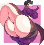  2018 absurd_res anthro arm_warmers armwear big_breasts big_butt breasts butt clothed clothing digital_media_(artwork) female gretchen_(kazeattor) hair hi_res huge_breasts huge_butt legwear long_tail looking_at_viewer looking_back markings reptile scalie simple_background smile snake solo standing stockings thick_thighs thigh_highs tongue tongue_out trinity-fate62 wide_hips 