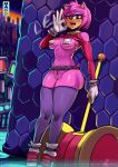  2019 against_wall amy_rose anthro blush breasts butt clothing detailed_background digital_media_(artwork) eulipotyphlan female footwear gloves green_eyes hair hedgehog hi_res high_heels leaning legwear mammal navel open_mouth piko_piko_hammer pink_body pink_hair pornomagnum shoes solo sonic_(series) standing suggestive suggestive_gesture sweat thigh_highs tongue tongue_out 