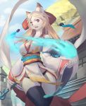  5_fingers absurd_res anthro big_breasts blonde_hair breasts canid canine canis clothing domestic_dog female hair hi_res japanese_clothing kemono kimono legwear long_hair looking_at_viewer magic magic_user mammal open_mouth red_eyes shian smile solo staff thigh_highs 