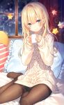  1girl black_legwear blonde_hair blue_eyes braid commentary_request curtains dot_nose earrings eyebrows_visible_through_hair hair_between_eyes holding indoors jewelry long_hair long_sleeves looking_at_viewer no_shoes original pantyhose pillow red_curtain sitting smile solo star sweater toosaka_asagi white_pillow white_sweater window 