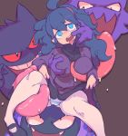  1girl ahoge artist_name bangs big_hair black_eyes black_footwear blue_eyes blue_panties blush breast_grab breasts brown_background cameltoe creatures_(company) dress dress_lift drooling erect_nipples eyebrows_visible_through_hair fangs female game_freak gastly gen_1_pokemon gengar ghost grabbing hair_between_eyes hairband happy haunter hex_maniac_(pokemon) interspecies jpeg_artifacts large_breasts lifted_by_self light_blush long_hair long_sleeves long_tongue looking_at_another looking_to_the_side looking_up nintendo npc_trainer open_mouth panties panties_over_pantyhose pantyhose pokemon pokemon_(creature) pokemon_(game) pokemon_xy purple_dress purple_hair purple_hairband red_sclera saliva sharp_teeth shoes signature simple_background smile solo_focus spread_legs starmilk striped striped_panties sweat teeth tongue tongue_out turtleneck underwear white_legwear 