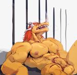  abs anthro balls cum cum_drip digimon digimon_(species) dripping drooling hair half-closed_eyes heavy_breathing hi_res horn liayouquanmu lying male muscular muscular_male nipples nude on_back open_mouth pecs penis pubes red_hair saliva scar simple_background solo vein veiny_penis wargreymon wounded yellow_skin 俩右犬目 