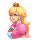  1girl bangs blonde_hair blue_earrings blue_eyes breasts crown dated earrings highres jewelry long_hair looking_at_viewer mario_(series) nintendo parted_lips princess_peach puffy_short_sleeves puffy_sleeves ravenousruss short_sleeves sidelocks signature simple_background smile solo sparkle super_mario_bros. upper_body white_background 