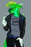  2019 4_fingers absurd_res anthro baring_teeth bedroom_eyes belt black_sclera blue_background cetacean claws clothed clothing countershade_tail countershade_torso countershading cyan_countershading cyan_skin delphinoid dragon fin fish front_view green_eyes green_skin half-closed_eyes hand_on_leg hi_res horn hybrid idoodle2draw inviting jacket jeans male mammal manly marine markings multicolored_skin muscular muscular_male pants portrait pose scalie seductive shark sharp_teeth shirt signature simple_background smile solo standing teasing teeth toothed_whale underwear vasciel_aplisto white_skin yellow_skin 