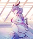  2019 absurd_res anthro big_breasts big_butt bikini blue_eyes blush breasts butt butt_focus butt_pose clothing detailed_background digital_media_(artwork) dragon female hair hi_res horn looking_at_viewer nipple_outline pool_(disambiguation) poolside purple_hair purple_skin scalie sitting solo swimsuit thick_thighs tight_clothing water wet whooo-ya 