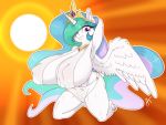  2019 anthro anthrofied appelknekten big_breasts breasts clothed clothing crown equid female friendship_is_magic hair hi_res horn jewelry kneeling long_hair mammal my_little_pony necklace nipple_outline partially_clothed pose princess_celestia_(mlp) purple_eyes solo sun tiara winged_unicorn wings 