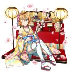  1girl ;) blonde_hair blue_eyes breasts choker cleavage collarbone detached_sleeves floral_print flower highres holding japanese_clothes kimono long_sleeves looking_at_viewer medium_breasts miniskirt official_art one_eye_closed philia_(sao) pink_flower pleated_skirt print_kimono print_sleeves short_hair skirt sleeveless sleeveless_kimono smile solo sword_art_online tabi thighhighs transparent_background white_legwear white_skirt wide_sleeves yellow_kimono yellow_sleeves 