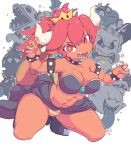  1girl abs armlet artist_name bangs bare_shoulders black_footwear bob-omb boo bowsette bracelet breasts bullet_bill buzzy_beetle chain_chomp claw_pose claws cleavage closed_mouth collar collarbone crown dark_skin dry_bones earrings fangs female full_body gem goomba hands_up heart high_heels horns jewelry jpeg_artifacts kneeling large_breasts looking_at_viewer mario_(series) mini_crown navel new_super_mario_bros._u_deluxe open_mouth orange_panties outline panties piranha_plant pointy_ears ponytail red_eyes red_hair sharp_teeth shoes signature smile solo_focus spiked_bracelet spiked_collar spikes star starmilk strapless striped striped_panties super_crown tail teeth thwomp tied_hair tongue tongue_out tubetop turtle_shell underwear white_outline 