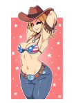  1girl american_flag_bikini_top armpits arms_behind_back belt bikini_top blonde_hair blue_eyes breasts cowboy_hat cowboy_shot dated dead_or_alive denim fourth_of_july hat highres jeans jewelry large_breasts long_hair looking_at_viewer navel necklace one_eye_closed outline pants ravenousruss smile solo star tina_armstrong white_outline 