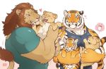  2019 ambiguous_gender annoyed anthro biceps clothed clothing cub duo_focus eyes_closed felid feral fur giraffe_(artist) group happy hi_res lam-chan larger_anthro larger_male lion lion-san male male_focus mammal muscular muscular_male pantherine size_difference smaller_ambiguous smaller_feral smile stripes tiger young 