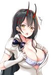  1girl azur_lane black_hair blue_bra blue_ribbon blush bra breasts cleavage collarbone collared_shirt eyebrows_visible_through_hair gloves hair_between_eyes highres horns large_breasts long_hair looking_at_viewer oni_horns open_clothes open_mouth open_shirt ribbon school_uniform schreibe_shura shirt short_sleeves simple_background single_glove solo suzuya_(azur_lane) tongue underwear white_background white_gloves white_shirt yellow_eyes 