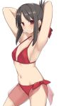  1girl armpit_crease armpits arms_behind_head bikini black_hair blush breasts collarbone commentary embarrassed hair_ribbon kaguya-sama_wa_kokurasetai_~tensai-tachi_no_renai_zunousen~ looking_at_viewer navel red_bikini red_eyes ribbon shinomiya_kaguya shiseki_hirame short_hair sidelocks simple_background small_breasts solo sweat sweatdrop swimsuit white_background 