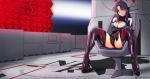  absurdres arm_under_breasts bodysuit breast_support breasts chair cleavage cleavage_outfit highres hirume katsuragi_misato large_breasts neon_genesis_evangelion on_chair plugsuit smile smug smug_smile spread_legs 