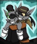  2018 5_fingers anthro brown_eyes cigarette clothed clothing duo fur gloves green_eyes grey_fur hat male mask one_eye_closed scarf simple_background sly_cooper_(series) smile tagme verona7881 video_games wink 