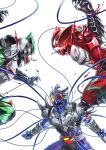  3boys absurdres arm_blade armor battle belt blood blue_skin bodysuit claws commentary compound_eyes fighting fins full_armor gauntlets gloves glowing green_skin helmet highres horn horns kamen_rider kamen_rider_amazon_alpha kamen_rider_amazon_neo kamen_rider_amazon_omega kamen_rider_amazons male_focus monster multiple_boys no_humans open_mouth red_eyes red_skin rider_belt scar sharp_teeth spikes sugaaru_(kusyunkun) teeth tentacle weapon white_eyes yellow_eyes 