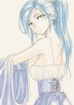  1girl blue_hair breasts chrono_trigger closed_mouth commentary_request corset dress green_eyes high_ponytail long_hair looking_at_viewer ponytail s-a-murai schala_zeal simple_background solo 