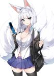  1girl animal_ears azur_lane bag bangs black_legwear blue_eyes breasts cardigan cellphone cleavage collared_shirt commentary_request cowboy_shot eyebrows_visible_through_hair eyeliner eyeshadow flip_phone fox_ears fox_tail highres kaga_(azur_lane) large_breasts looking_at_viewer luse_maonang makeup multiple_tails no_bra off_shoulder parted_lips partially_unbuttoned phone pleated_skirt shirt short_hair shoulder_bag silver_hair simple_background skirt solo tail thighhighs tote_bag white_background white_hair zettai_ryouiki 