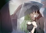  1boy 1girl black_hair black_jacket black_umbrella brown_eyes c.c. code_geass collared_shirt couple creayus eye_contact from_side green_hair hair_between_eyes highres holding holding_umbrella imminent_kiss jacket lelouch_lamperouge long_hair long_sleeves looking_at_another open_clothes open_jacket outdoors parted_lips rain shirt short_sleeves transparent transparent_umbrella umbrella upper_body white_shirt wing_collar 