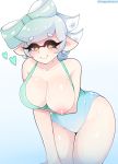 +_+ 1girl ahegaokami alternate_costume bare_shoulders blush collarbone domino_mask earrings eyebrows hotaru_(splatoon) jewelry leaning_forward looking_at_viewer mask mole mole_under_eye nintendo nipple_slip nipples one-piece_swimsuit pointy_ears short_hair silver_hair simple_background solo splatoon splatoon_(series) swimsuit symbol-shaped_pupils tentacle tentacle_hair thick_eyebrows white_background wide_hips 