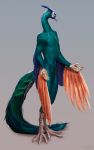  anthro avian big_tail bird blue_feathers bulge claws digitigrade feathers galliform green_feathers hi_res iridescence long_neck male navel nude open_arms open_hands orange_feathers peafowl phasianid scales skinny solo standing sunshtein tasteful_nudity wings 