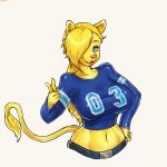  2019 5_fingers anthro big_breasts blonde_hair blue_eyes breasts clothed clothing digital_media_(artwork) felid feline felis female fur hair hi_res hotbento kristy_winters_(lildredre) lion long_hair looking_at_viewer mammal navel open_mouth pantherine simple_background smile solo standing tongue wide_hips 