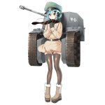  1girl belt black_legwear blue_hair blush boots brown_eyes cannon coat full_body hair_ornament hairclip hands_on_own_chest hat headphones looking_at_viewer martin_(milihime_taisen) milihime_taisen military_hat mittens official_art scarf short_hair solo standing thighhighs track transparent_background winter_clothes winter_coat 