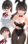  1girl :o animal_ears bare_arms bare_shoulders black-framed_eyewear black_hair black_legwear black_leotard blush bow breasts bunny_ears bunnysuit cleavage collarbone collared_shirt commentary_request fake_animal_ears glasses hair_bow hair_ornament hair_over_shoulder highres kfr large_breasts leotard long_hair long_sleeves looking_at_viewer mole mole_under_eye multiple_views neck_ribbon open_mouth orange_eyes original pantyhose red_bow red_neckwear red_ribbon ribbon shirt simple_background strapless strapless_leotard thigh_gap upper_teeth white_background white_shirt wing_collar wrist_cuffs x_hair_ornament 
