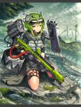  1girl bangs breasts city closed_mouth commentary_request day elbow_pads forest gia gloves goggles goggles_on_head green_hair gun headgear highres holding holding_gun holding_weapon kneeling lizard looking_at_viewer medium_breasts nature original outdoors railgun rifle short_hair short_sleeves sniper_rifle solo weapon yellow_eyes 