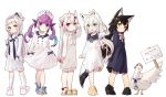  5girls :d anchor_symbol animal animal_ears animal_slippers animalization aqua_eyes aqua_hair bangs baseball_cap bell bird black_dress black_hair blunt_bangs bow bowtie braid bunny_slippers commentary_request dog_slippers dress duck expressionless flat_chest fox_ears fox_shadow_puppet fox_tail gradient_hair hair_bell hair_ornament hair_ribbon hair_twirling hairband hairstyle_request hat highres hololive horns jingle_bell maid_headdress minato_aqua multicolored_hair multiple_girls murasaki_shion nakiri_ayame nuko_miruku oni_horns ookami_mio oozora_subaru_(duck) open_mouth orange_eyes parted_lips paw_shoes pink_hair placard purple_eyes purple_hair red_eyes red_hair ribbon shirakami_fubuki shoes short_dress side_braid sign single_braid skirt_hold slippers smile streaked_hair tail translation_request two-tone_hair virtual_youtuber white_dress white_hair white_legwear wolf_ears wolf_tail yellow_eyes younger 