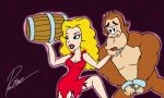  1girl barrel blond blonde_hair blue_eyes breasts cleavage cranky_kong donkey_kong donkey_kong_(game) donkey_kong_(series) dress eyeshadow grin hand_on_mouth handcuff legs lipstick makeup monkey nervous nintendo pauline red_dress smile torn_clothes torn_dress wink 