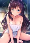  1girl :3 bangs between_legs blue_eyes blush breasts brown_hair cleavage closed_mouth collarbone commentary eyebrows_visible_through_hair hair_between_eyes hand_between_legs ichinose_shiki idolmaster idolmaster_cinderella_girls long_hair looking_at_viewer medium_breasts naked_towel night onsen outdoors revision sitting smile solo steam towel very_long_hair wariza water yan_(nicknikg) 