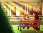  1boy 1girl bench blue_eyes brown_hair couple donkey_kong_(series) dress facial_hair friends from_behind gloves hand_up happy hat laughing lipstick long_hair makeup mario mario_(series) mayor mustache nintendo overalls park pauline plumber red_dress short_hair sitting smile sunlight super_mario_bros. super_mario_odyssey white_gloves 